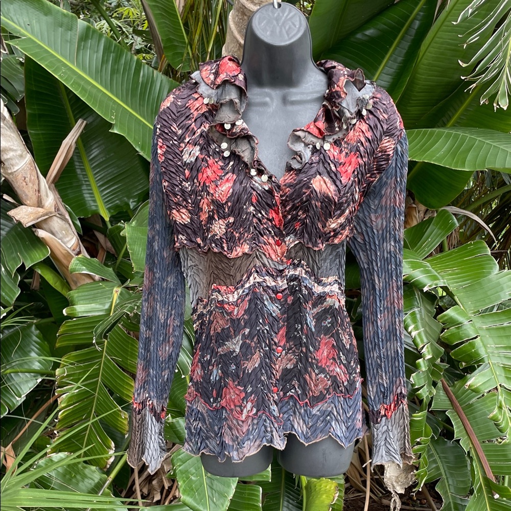 patchwork, floral sheer ruffled sequin blouse with bell sleeves